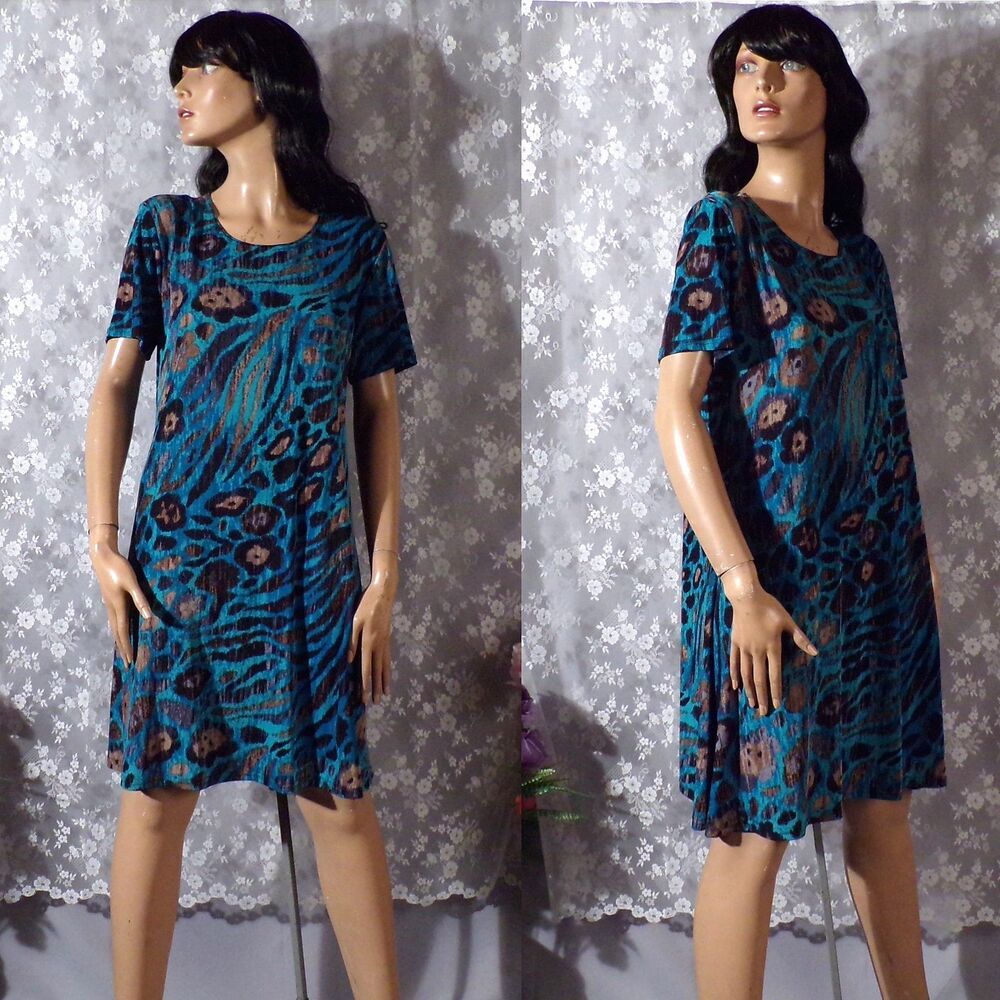 Vintage 90s Y2K Animal Print Dress Size XL Turquoise Leopard Zebra Stretch Mini